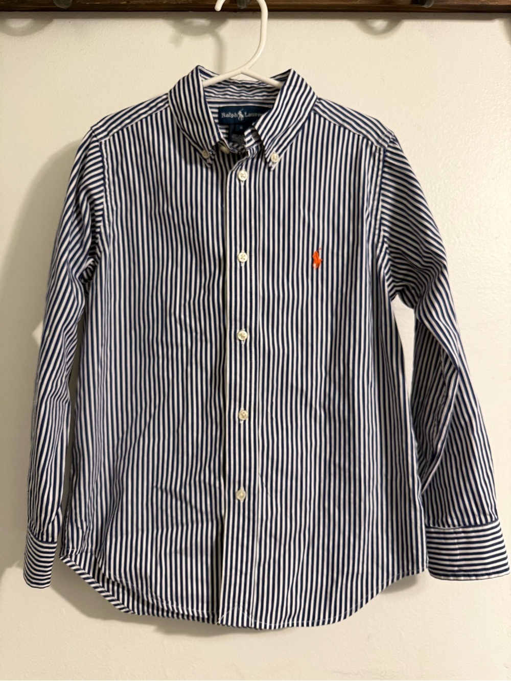 Boy Ralph Lauren Navy & White Striped Button-Down with Orange Pony Logo
